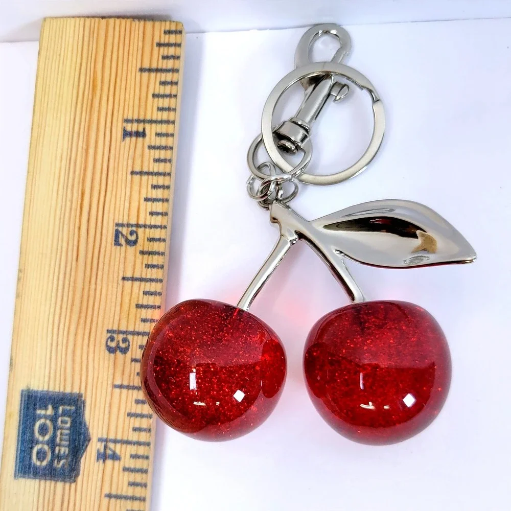 Bag Charm- Keychain Glitter Resin Double Cherry Red Women Rockabilly Kawaii Fun
